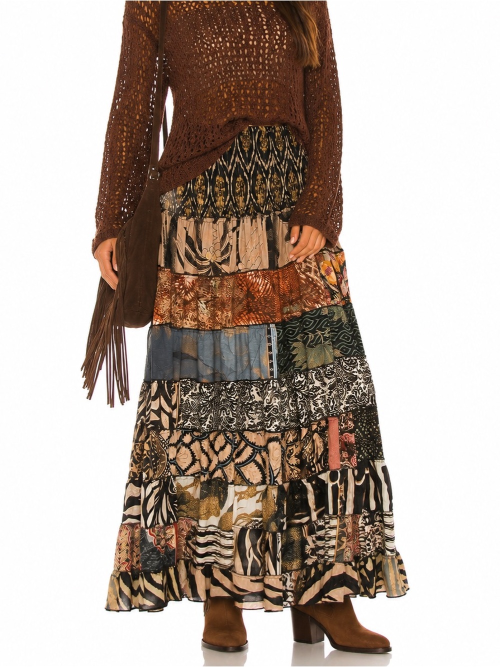 Karma Highway Black Neutrals Patchwork Boho Tiered Maxi Skirt Mixed Print One Sz
